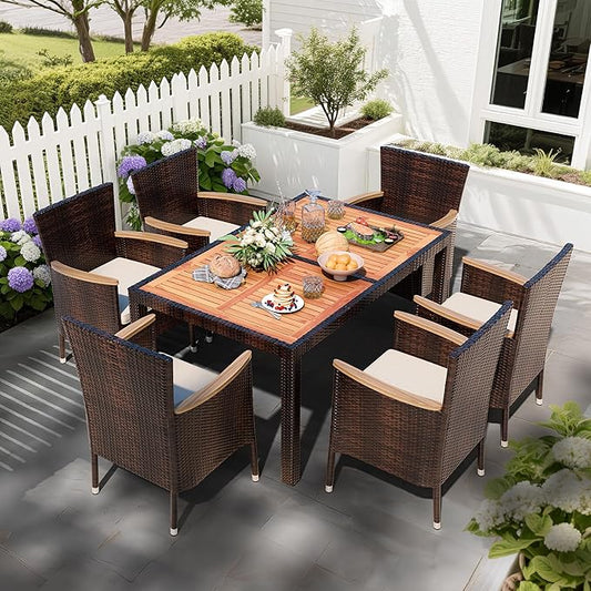 Shintenchi 7 PCS Patio Dining Set, Wicker Patio Conversation Set with Wooden Table Top, Outdoor Table and Chairs with Soft Cushions for Backyard, Deck and Garden, Brown Wicker