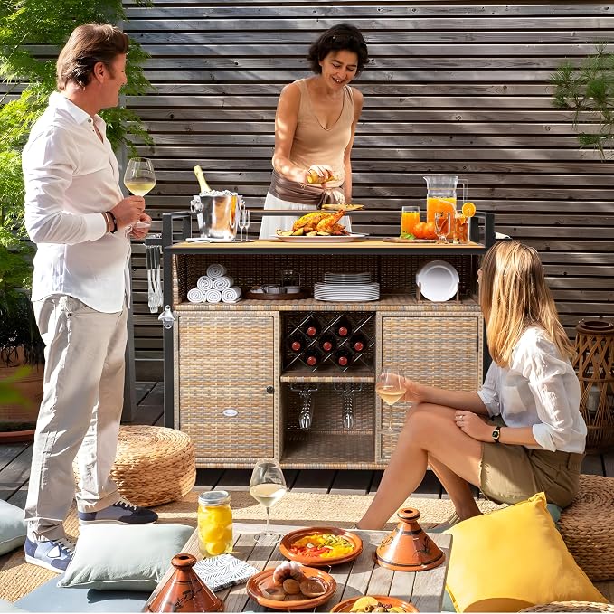 YITAHOME XL Outdoor Kitchen Wicker Island Rolling Cart Bar Table & Storage | Wheels and Plastic Wood Extended Table Top, Double Handle for Patio Kitchen or Bar Cart,Light Yellow Gradient