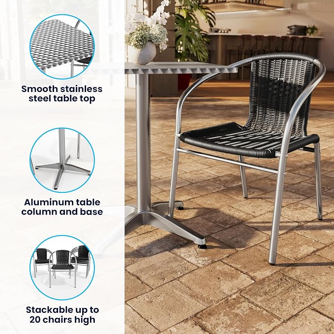 Flash Furniture Lila 31.5'' Square Aluminum Indoor-Outdoor Table Set with 2 Black Rattan Chairs | Indoor/Outdoor Use, Black Rattan Chairs