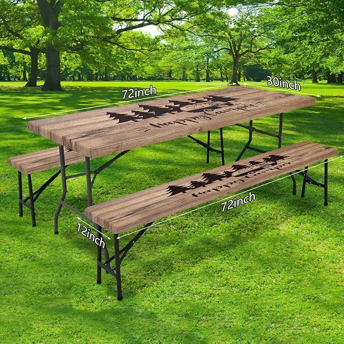 Picnic Table Cover with Bench Covers Camping Essentials Waterproof Windproof Camping Tablecloth with Elastic Edges, Fitted Rectangle Tables and Seats, 30x72in