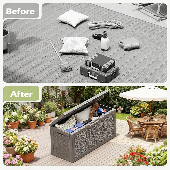72 Gallon Outdoor Storage Box, Resin Deck Boxes Outdoor Waterproof For Patio Furniture, Garden Tools, Pool Supplies, Lockable And UV Resistant (Rattan Gray)