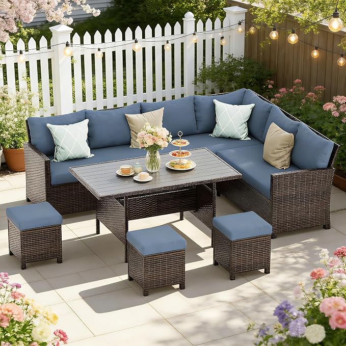 Wisteria Lane 7 Piece Patio Furniture Set, Patio Sectional for All Weather | High Curved Back Outdoor Furniture Dining Set, Wicker Patio Sofa, Patio Conversation Sets with Ottoman for Deck, Porch, Blue