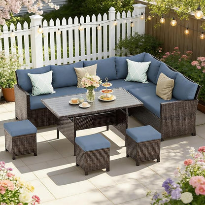 Wisteria Lane 7 Piece Patio Furniture Set, Patio Sectional for All Weather | High Curved Back Outdoor Furniture Dining Set, Wicker Patio Sofa, Patio Conversation Sets with Ottoman for Deck, Porch, Blue