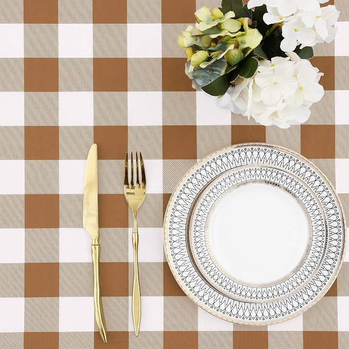 Buffalo Rectangle Picnic Tablecloth, 4 Foot Elastic Fitted Vinyl Table Cloth with Flannel Backing, Waterproof Plaid Table Covers for Dining, Camping, Outdoor (Brown and White, 24" x 48")