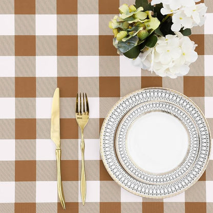 Buffalo Rectangle Picnic Tablecloth, 8 Foot Elastic Fitted Vinyl Table Cloth with Flannel Backing, Waterproof Plaid Table Covers for Dining, Camping, Outdoor (Brown and White, 30" x 96")