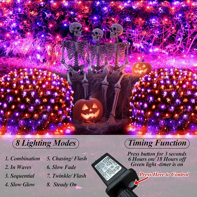 Lovelite 300LED Net Lights Halloween Decorations, 14.8ft x 5ft Outdoor Mesh Lights 8 Modes & Timer, Connectable Waterproof Christmas Light for Bushes Xmas Tree Party Garden Lawn, Purple Orange