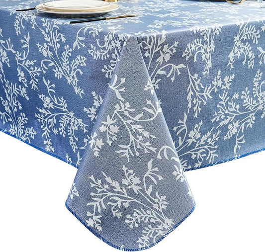 LIBERECOO Vinyl Tablecloth with Flannel Backing –Indigo Botanical Charm, Waterproof, Wipeable, Durable Table Cover – 4 Colors
