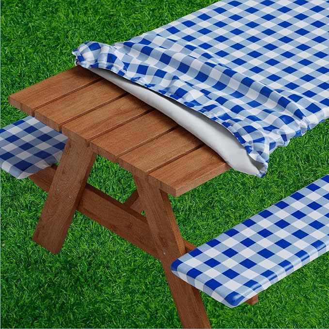 Picnic Table Cover with Bench Covers -Fitted with Elastic, Vinyl with Flannel Back, Fits for Table 30"x 72" Rectangle,Water Proof, Checked Blue Design