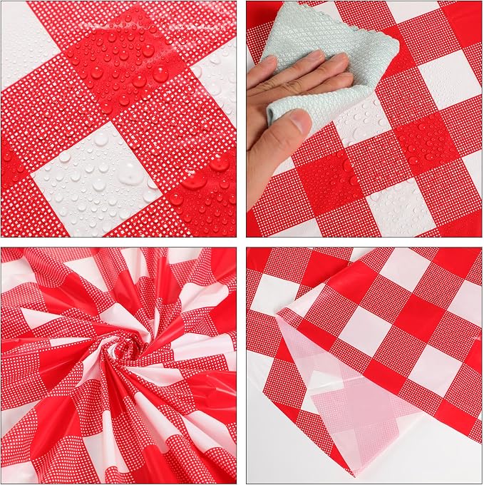 Disposable Checkered Tablecloth Round Plastic Buffalo Plaid Table Cloth 84'' Gingham Tablecover for Picnic Camping BBQ Graduation Party(Red White,12 Pieces)