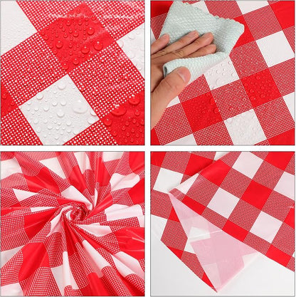 Disposable Checkered Tablecloth Round Plastic Buffalo Plaid Table Cloth 84'' Gingham Tablecover for Picnic Camping BBQ Graduation Party(Red White,12 Pieces)