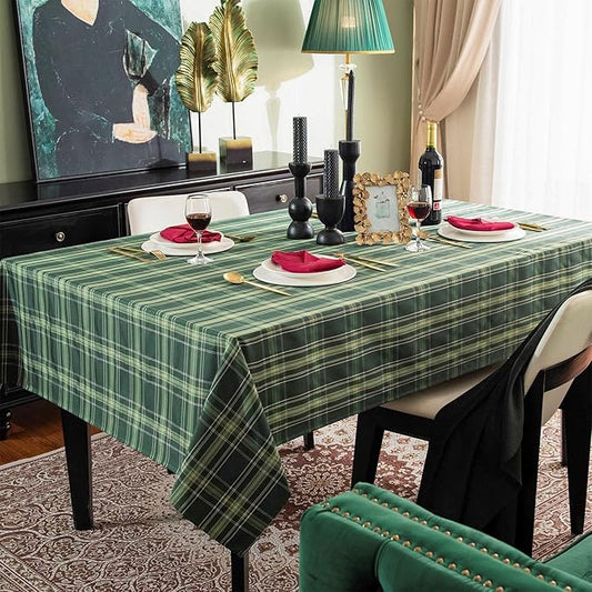 Christmas Green Plaid Waterproof Tablecloth – Classic Woven Check Design – Holiday Dining Table Cover for Xmas Parties, Stain-Resistant & Durable, W60 x L60 in