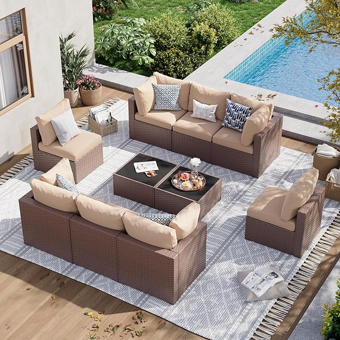 Aoxun 10 Piece Patio Furniture Set Wicker Rattan Patio Sectional Sofa Set Outdoor Seating Furniture with Thickened Cushion, Brown