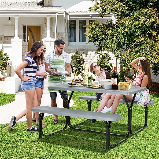 Picnic Table, Outdoor Dining Table with 2 Benches, Wood Grain Tabletop, Heavy Duty Metal Frame, Portable Picnic Table for Outdoors Backyard Garden Lawn Patio Poolside Deck (Grey)
