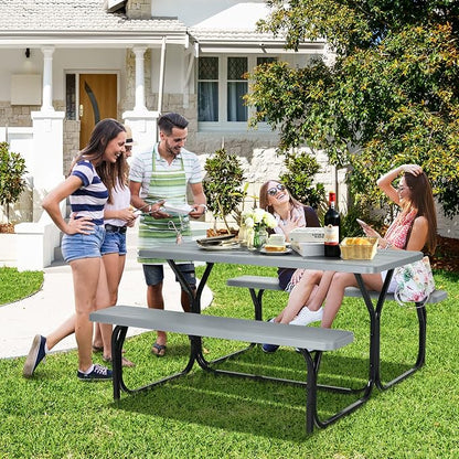 COSTWAY Outdoor Picnic Table, HDPE Plastic Picnic Table Bench Set | Weather Resistant Tabletop & Wood Texture, Ideal for Patio, Backyard (59" D x 54" W x 28.5" H,Grey)