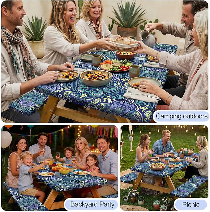 Picnic Table Cover with Bench Covers Camping Essentials Waterproof Windproof Camping Tablecloth with Drawstring Bag, Fitted Rectangle Tables and Seats, 72in, Deep Blue Green