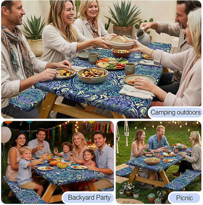 Picnic Table Cover with Bench Covers Camping Essentials Waterproof Windproof Camping Tablecloth with Drawstring Bag, Fitted Rectangle Tables and Seats, 72in, Deep Blue Green