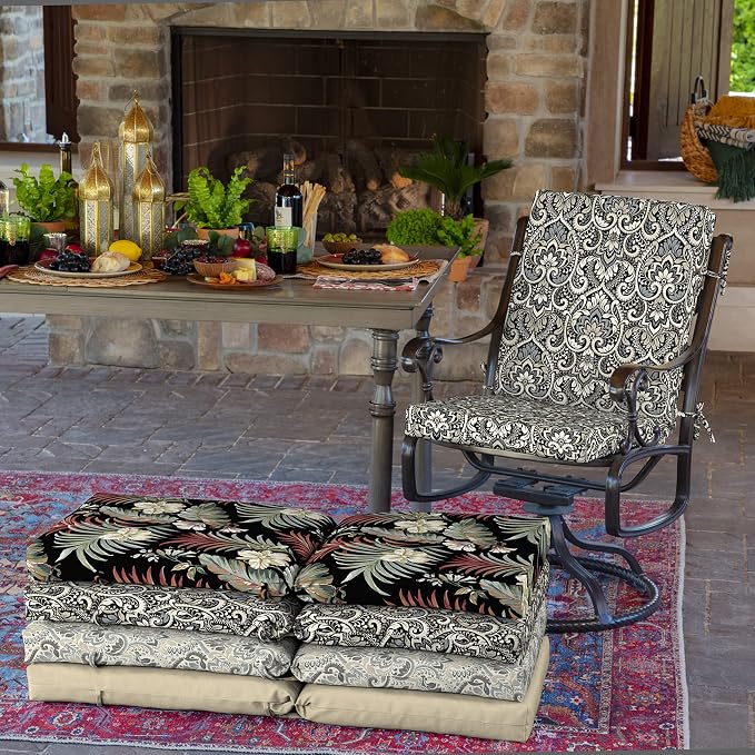Arden Outdoor Dining Chair Cushion, 4-Pack, 20x44, Black Damask | Rain-Proof Seat Pad, Fade-Resistant, Mold and Mildew Resistant