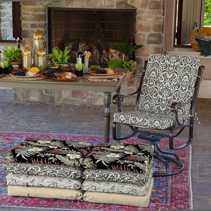 Arden Outdoor Dining Chair Cushion, 4-Pack, 20x44, Black Damask | Rain-Proof Seat Pad, Fade-Resistant, Mold and Mildew Resistant