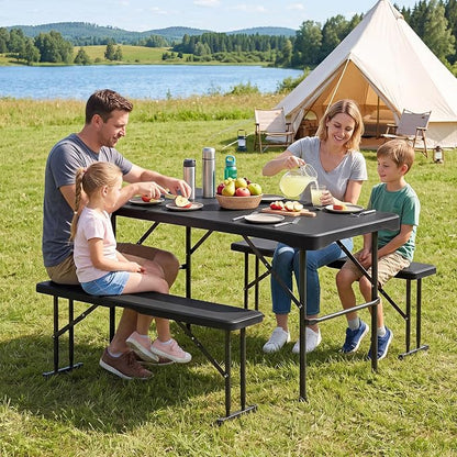 Giantex Folding Picnic Table Bench Set, Rectangular Patio Dining Table Set for 4, with HDPE Tabletop, Metal Frame, Space-Saving and Portable for Camping Party Dining BBQ (Black)