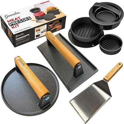 Gamalou® Smashed Burger Press BBQ Kit: 7" Black Round & 8.2x4.3 Rectangle Cast Iron Bacon Press, 3 in 1 Patty Maker, Spatula 6x5, Burger Press Griddle Set for Blackstone, Traeger, Grills, Fry Pan