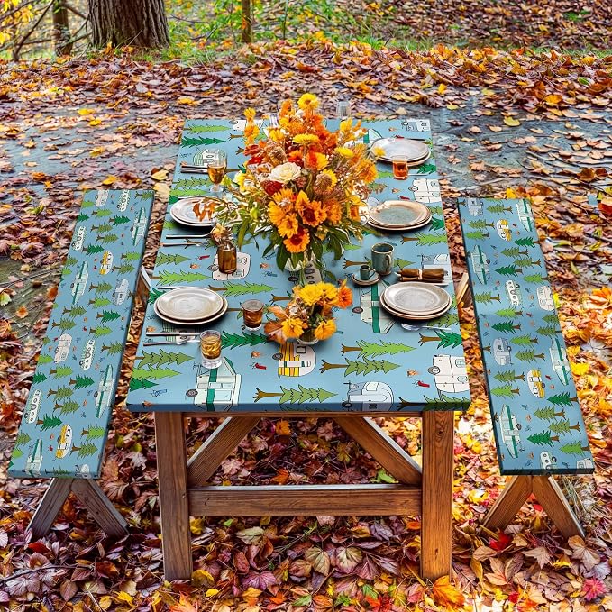 JAWO Picnic Table Cover with Bench Covers Elastic Edges, Camper Rv Fitted Table Cover, Outdoor Patio Camping Essentials, Waterproof Camping Fitted Tablecloth with Drawstring Bag, 30x60in