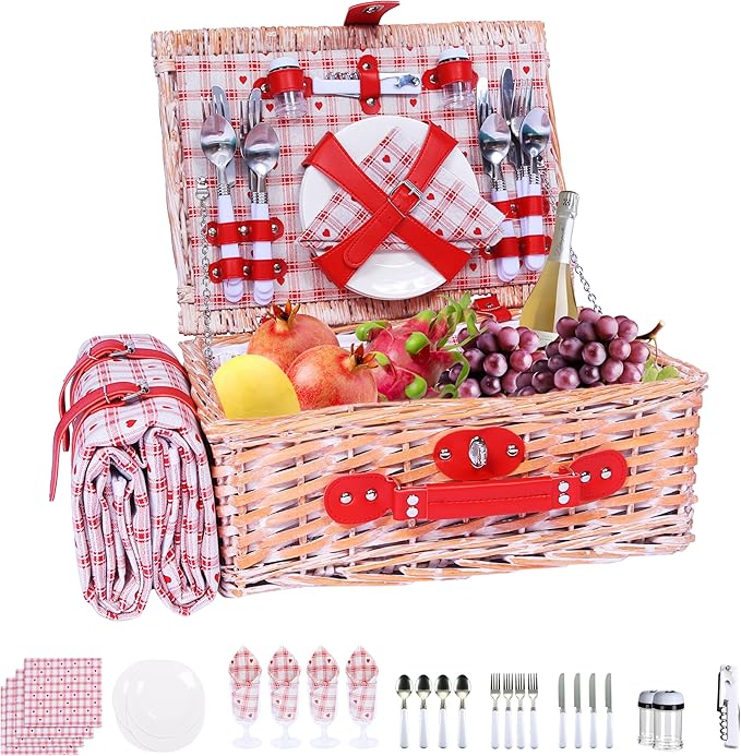 Wicker Picnic Basket Set for 4, Blanket, Cooler Bag, Red Heart | Four-Person Wicker Set Includes Tableware, Insulated Food Storage and Waterproof Blanket for Parks, Camping, Dates and Gifts