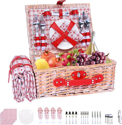 Wicker Picnic Basket Set for 4, Blanket, Cooler Bag, Red Heart | Four-Person Wicker Set Includes Tableware, Insulated Food Storage and Waterproof Blanket for Parks, Camping, Dates and Gifts