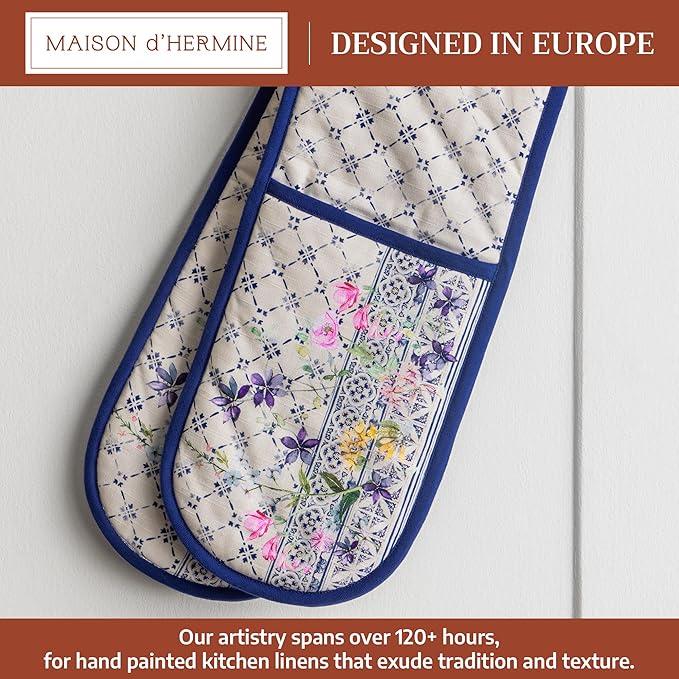 Maison d' Hermine Double Oven Mitts 100% Cotton 7"x35" Double Oven Mitt Heat Resistant BBQ Cooking Gloves with Loop Baking Grilling Kitchen Hotel Home Farmhouse Spring Summer (Faience)