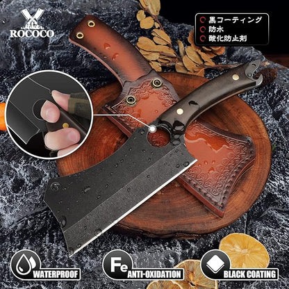 ROCOCO Butcher Meat Cleaver Knife - Hand Forged Meat Cutting Knife with Sheath Outdoor BBQ Camping Birthday Christmas Gift Idea Men Black 5.9"