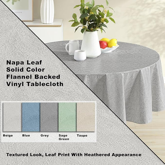 Newbridge Napa Leaf Grey Vinyl Flannel Backed Tablecloth, 70 Inch Round, Hotel Quality Waterproof Indoor Outdoor Table Cover for Kitchen, Patio, Dining, BBQ