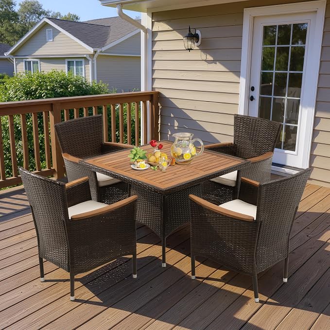 Wisteria Lane Patio Outdoor Table and Chairs Set, Rattan Outdoor Patio Furniture Set with Removable Cushions, Outdoor Patio Dining Sets with Acacia Wood Tabletop for Deck Garden Backyard, Brown