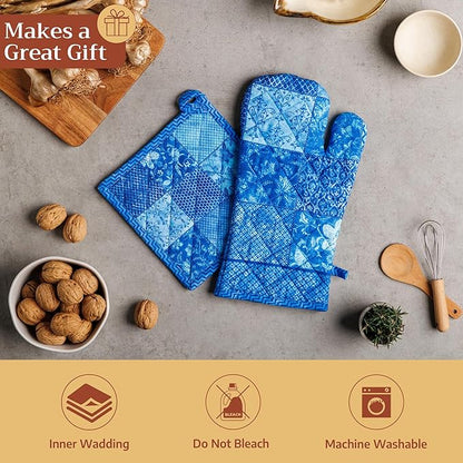 Maison d'Hermine Oven Gloves 100% Cotton Oven Mitt 7" x 13" with Loop Heat Resistant BBQ Cooking Gloves Baking Grilling Kitchen Hotel Home Farmhouse Spring Summer (Pack of 1, Indigo Love)