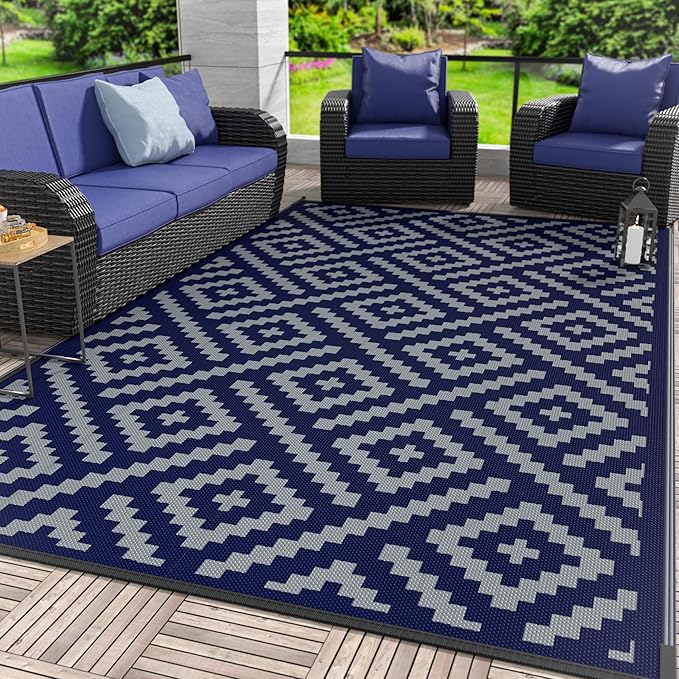 GENIMO Outdoor Rug, Waterproof Plastic Rugs for Patio, 6'x9' Blue Grey | Outside Larger Modern Carpet Mat for Porch Decor, Deck, Balcony, Camping, RV, Backyard, Picnic, Beach, Reversible, Foldable