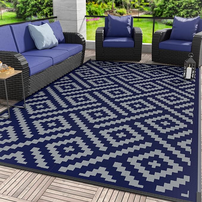 GENIMO Outdoor Rug, Waterproof Plastic Rugs 10'x14' for Camping Blue Grey | Outside Larger Modern Carpet Mat for Patio Decor, RV, Porch, Camper, Deck, Picnic, Beach, Backyard, Reversible, Foldable