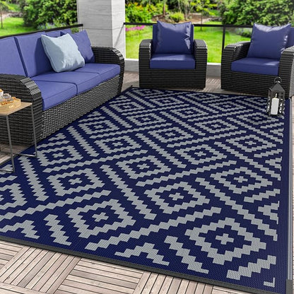 GENIMO Outdoor Rug, Waterproof Plastic Rugs 10'x14' for Camping Blue Grey | Outside Larger Modern Carpet Mat for Patio Decor, RV, Porch, Camper, Deck, Picnic, Beach, Backyard, Reversible, Foldable