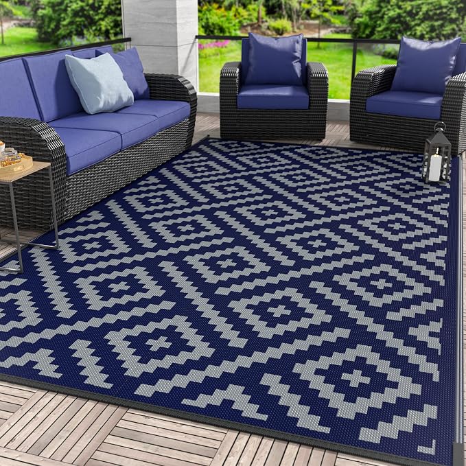 GENIMO Outdoor Rug, Waterproof Plastic Rugs for Patio, 5'x8' Blue Grey | Outside Larger Modern Carpet Mat for Porch Decor, Deck, Balcony, Camping, RV, Backyard, Picnic, Beach, Reversible, Foldable