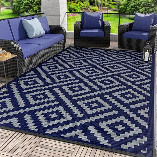 GENIMO Outdoor Rug, Waterproof Plastic Rugs for Patio, 5'x8' Blue Grey | Outside Larger Modern Carpet Mat for Porch Decor, Deck, Balcony, Camping, RV, Backyard, Picnic, Beach, Reversible, Foldable
