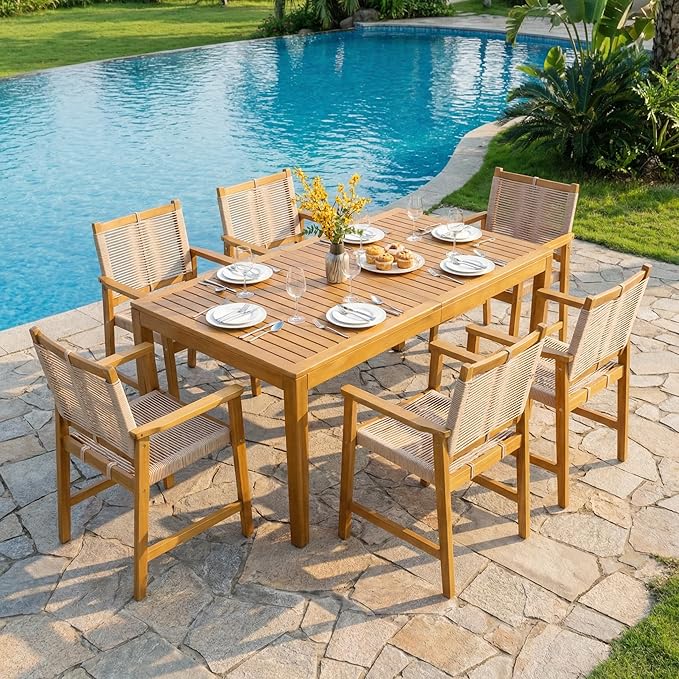 Acacia 7 Pieces Outdoor Dining Set for 6-Person, 63" L Classic Rectangular Table & 6 Handwoven Rope Chairs - Eucalyptus Grandis Solid Wood, Weather Resistant Patio Furniture Set, Natural