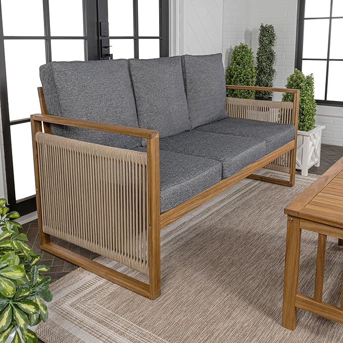 JONATHAN Y Gable Acacia Wood and Woven Rope 63" Outdoor Sofa, 3-Seater Patio Bench with Weather-Resistant Gray Cushions for Backyard and Porch, Bohemian Style, Teak Brown Finish SFB1002B