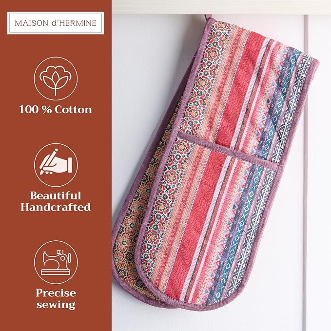 Maison d' Hermine Double Oven Mitts 100% Cotton Double Oven Glove (7"x35") | Heat Resistant BBQ Cooking Gloves with Loop Baking Kitchen Home Hotel Farmhouse Thanksgiving Christmas - Ispahan