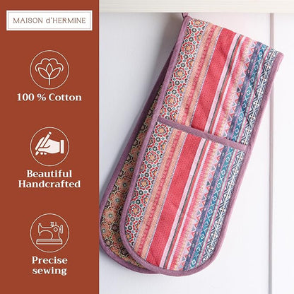 Maison d' Hermine Double Oven Mitts 100% Cotton Double Oven Glove (7"x35") | Heat Resistant BBQ Cooking Gloves with Loop Baking Kitchen Home Hotel Farmhouse Thanksgiving Christmas - Ispahan