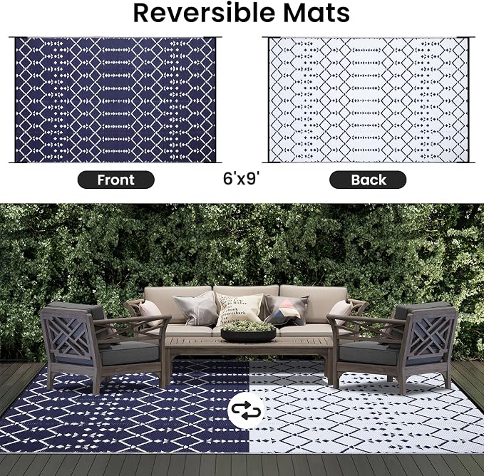 Smiry Outdoor Rug 6x9 ft Waterproof Reversible Boho Mat, Navy | Polypropylene Plastic Straw, Quick Drying, Lightweight Foldable, for Patio, Deck, RV Camping, Backyard and Indoor Outdoor Use