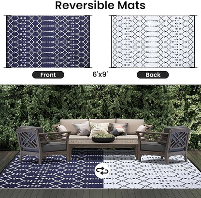 Smiry Outdoor Rug 6x9 ft Waterproof Reversible Boho Mat, Navy | Polypropylene Plastic Straw, Quick Drying, Lightweight Foldable, for Patio, Deck, RV Camping, Backyard and Indoor Outdoor Use