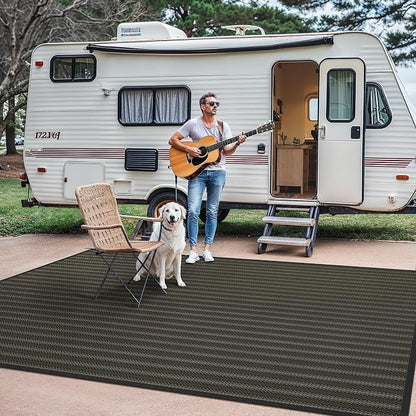 GENIMO Outdoor Rug, Waterproof Plastic Rugs for Patio, 5'x8' Ebony Brown | Outside Larger Modern Carpet Mat for Porch Decor, Deck, Balcony, Camping, RV, Backyard, Picnic, Beach, Reversible, Foldable