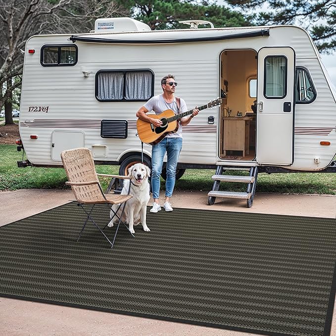 GENIMO Outdoor Rug, Waterproof Plastic Rugs for Patio, 9'x12' Ebony Brown | Outside Larger Modern Carpet Mat for Porch Decor, Deck, Balcony, Camping, RV, Backyard, Picnic, Beach, Reversible, Foldable