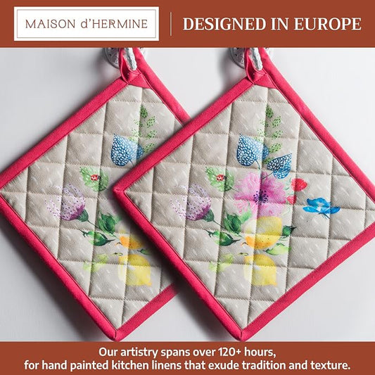 Maison d' Hermine Pot Holders 100% Cotton Potholders (8" x 8", Pack of 2) | Heat Resistant Hot Pads with Loop BBQ Cooking Baking Farmhouse Kitchen Handling Hot Pans Spring Summer - Jardin D'Ete - Fog