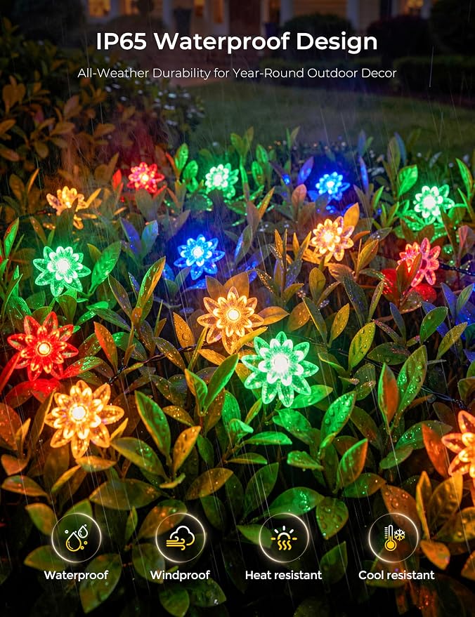 Brightown 2 Pack Solar String Lights Outdoor Waterproof, Total 46FT 100 LED Multicolor Flower Fairy Lights for Christmas Yard Garden Tree Patio Lawn Holiday Outdoor Decor