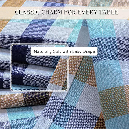 Gingham Check Tablecloth, 52x70 Inches, 100% Cotton, Washable, Table Cover for Summer Parties, Holidays and Everyday Dining, Indigo Blue - Mustard Yellow - Aqua Blue and White Plaid