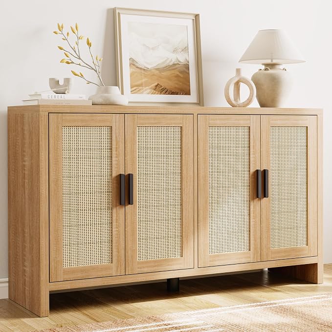 Rattan Buffet Cabinet with Storage, Sideboard Cabinet with Doors and Adjustable Shelves, Farmhouse Coffee Bar Station Table, Modern Wood Cupboard for Kitchen, Livingroom and Dining Room