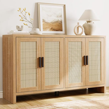 Rattan Buffet Cabinet with Storage, Sideboard Cabinet with Doors and Adjustable Shelves, Farmhouse Coffee Bar Station Table, Modern Wood Cupboard for Kitchen, Livingroom and Dining Room